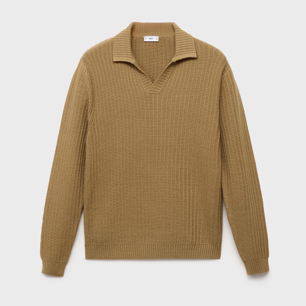 MANGO MAN - Knitted structured polo sweater beige - M - Man